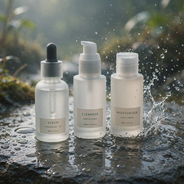 Three frosted glass skincare bottles on a wet stone surface with a splash of water, morning light, shallow depth of field. — Muse Image 1.0