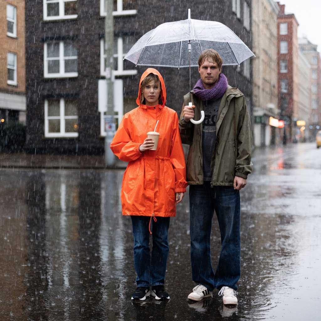 A man with a purple scarf holding a transparent umbrella, standing to the right of a woman in an orange raincoat who holds a paper cup, both facing the camera. — Recraft v4