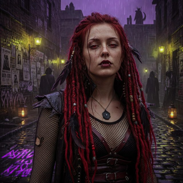 Fishnet grimdark fantasy. A suitable-for-TV-PG adult underworld agent with long crimson-red dreadlocked hair with flowing locks, ruby-red crystalline eyes, real skin pores, photographic rendering, and real material textures. No text. — Grok Imagine Image Quality