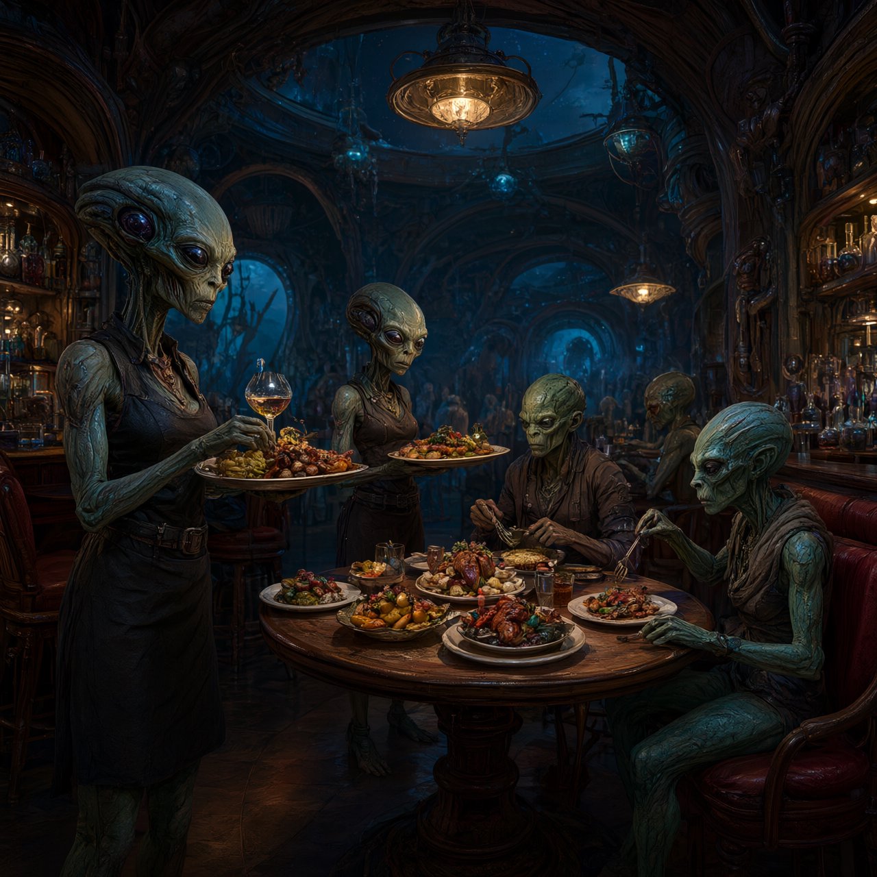 An alien restaurant on a strange planet. The interior is well lit, but the décor is very strange and out of this world. Alien waitresses are bringing in platters of food. Alien diners are eating very unusual dishes. — Qwen Image 3.0 Pro