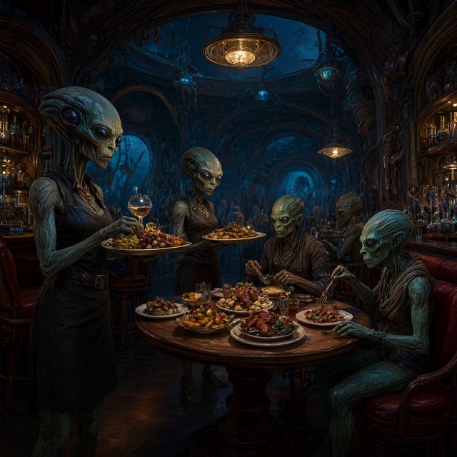 An alien restaurant on a strange planet. The interior is well lit, but the décor is very strange and out of this world. Alien waitresses are bringing in platters of food. Alien diners are eating very unusual dishes. — Qwen Image 3.0 Pro