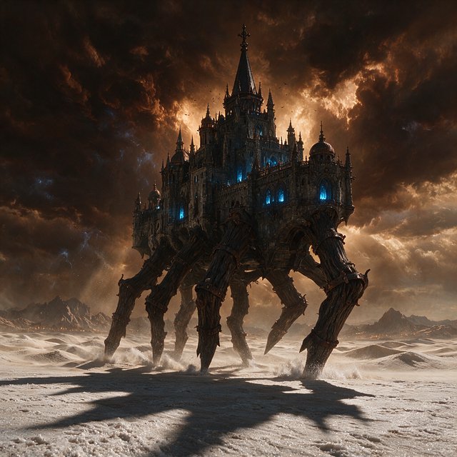A colossal walking citadel crosses a salt desert, its ironwood legs striding through windblown dunes beneath a copper storm. Blue furnace light leaks from carved windows, casting a long shadow toward distant mountains. — Seedream 5.0 Pro