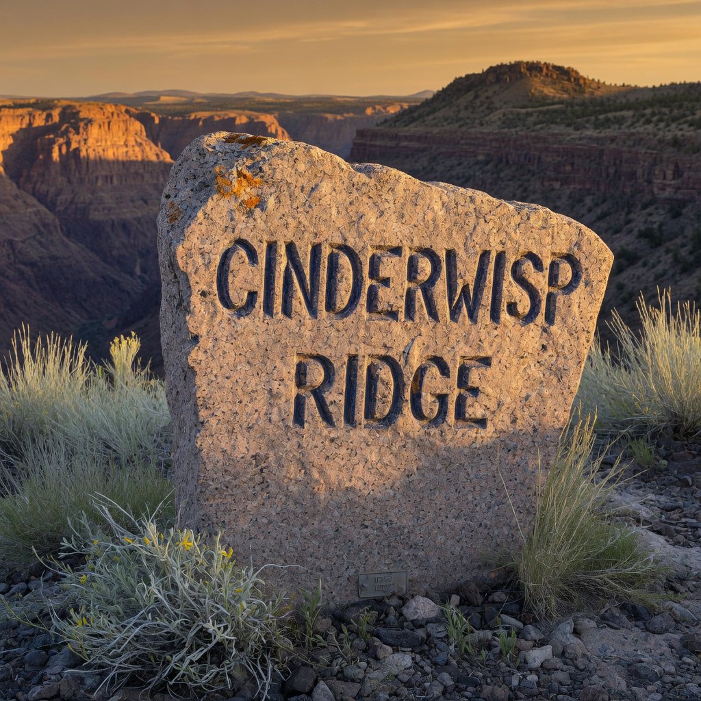 At a high desert canyon overlook, a weathered granite trail marker rises among sage and pale grasses; "CINDERWISP RIDGE" is deeply carved across its broad face, the cut letters catching slanting amber light. — Grok Imagine Image Quality