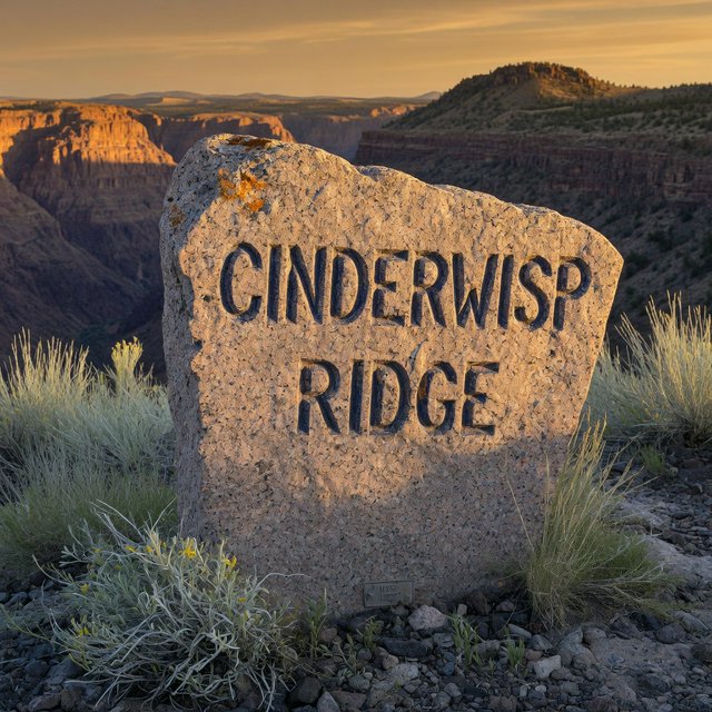 At a high desert canyon overlook, a weathered granite trail marker rises among sage and pale grasses; "CINDERWISP RIDGE" is deeply carved across its broad face, the cut letters catching slanting amber light. — Grok Imagine Image Quality