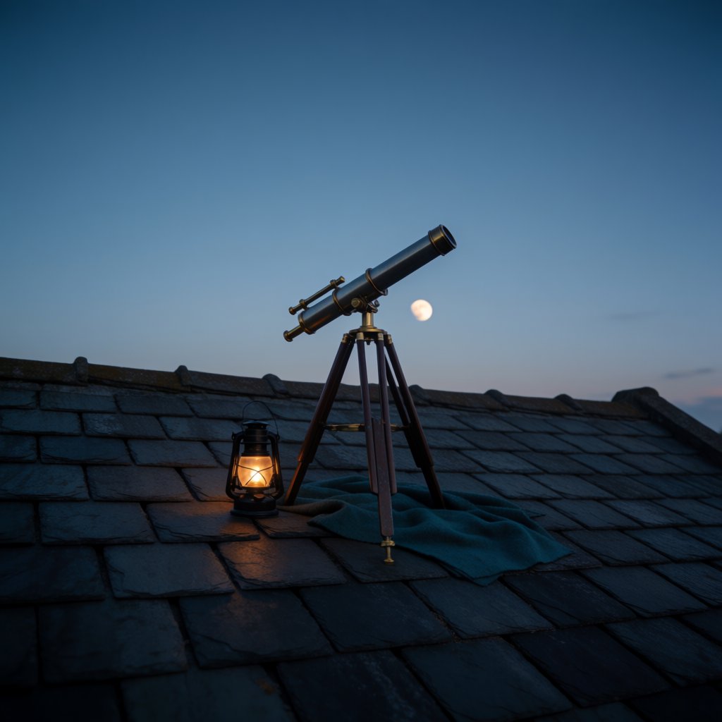 On a slate rooftop, exactly one brass telescope points east; one amber lantern sits to its left, one folded teal blanket lies beneath the tripod, and one pale moon hangs behind it in the clear sky, nothing else. — Krea 2 Medium