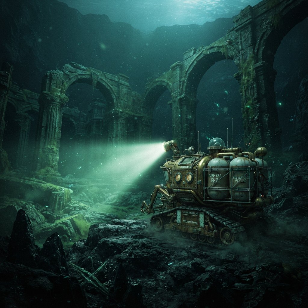 A brass-and-ceramic deep-sea crawler with arched pressure tanks trundles across the floor of a sunken obsidian caldera. Its searchlight cuts through green silt, revealing ruined stone arches far below the surface. — Nano Banana 2 Lite