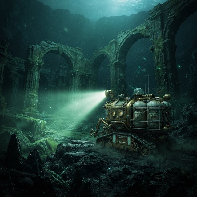 A brass-and-ceramic deep-sea crawler with arched pressure tanks trundles across the floor of a sunken obsidian caldera. Its searchlight cuts through green silt, revealing ruined stone arches far below the surface. — Nano Banana 2 Lite