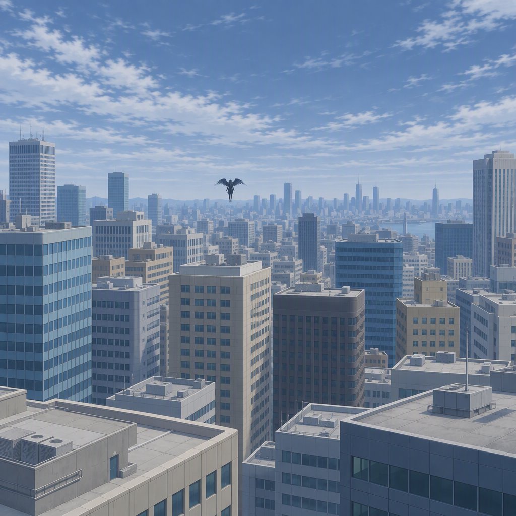 Clean cel-shaded painted cityscape, wide high-angle elevated rooftop level shot looking out over dense modern downtown office buildings, small dark winged figure hovering above central midground rooftops, pale overcast deep blue sky with wispy white clouds, diffused even daylight lighting with soft subtle ambient shadows, muted cool grey, beige, blue building facades with uniform office windows, flat concrete building rooftops, receding hazy distant city skyline with atmospheric perspective, eye level relative to building tops, no outlines, smooth flat color rendering, no grain. — GPT Image 2.5 Flare
