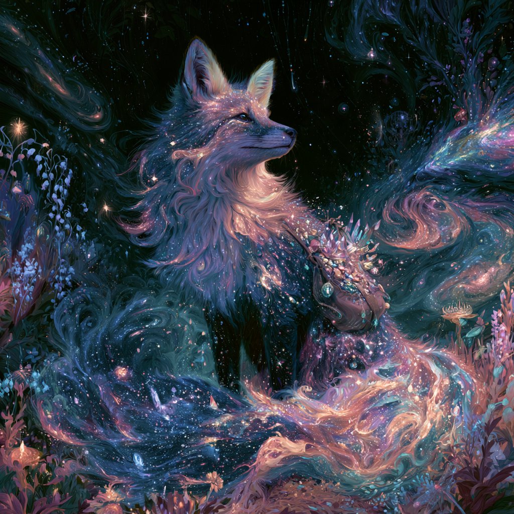 A celestial fox made of stardust and nebulae, carrying a satchel overflowing with glowing cosmic jewels, journeys through an ethereal dreamscape. Swirling galaxies and bioluminescent flora fill the background. The scene is rendered in a surreal, photorealistic style, emphasizing intricate details and a sense of infinite wonder. — Midjourney V8.2