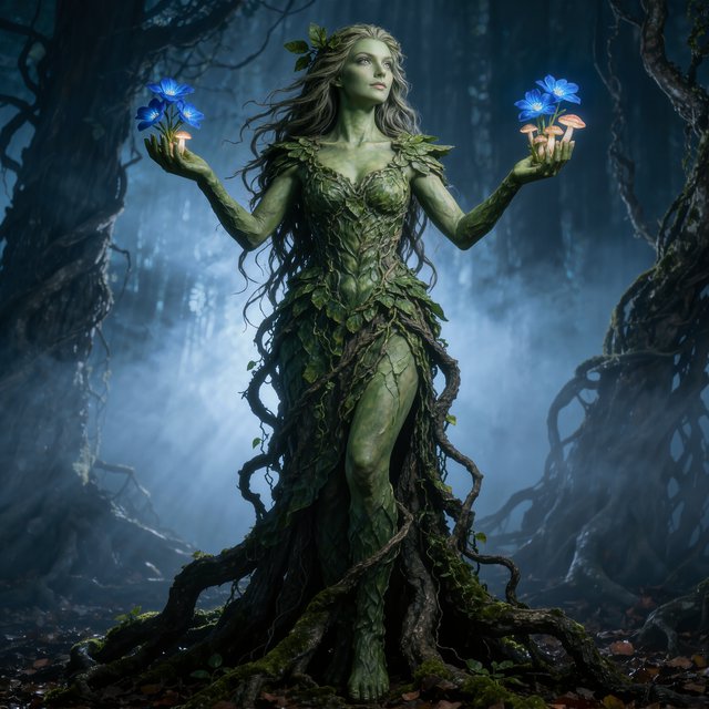 fantasy aesthetic, volumetric fog, chiaroscuro lighting, subsurface scattering, sculptural realism, an epic adult dryad. — Kling v3 Omni