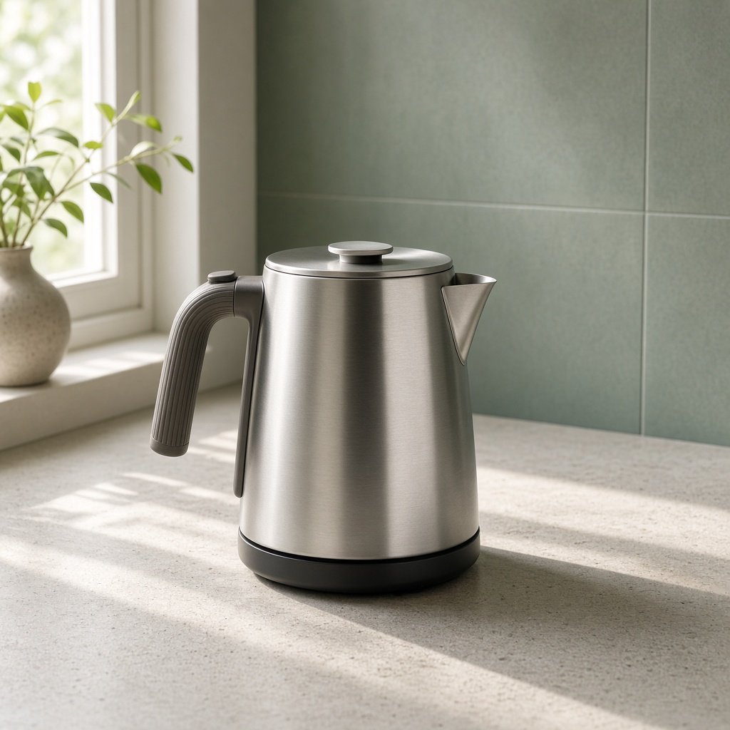 Morning daylight spills across a kitchen counter, revealing an unbranded electric kettle in satin stainless steel with a ribbed heat-resistant polymer handle. It sits on honed limestone against a muted sage backsplash, with window light and white bounce fill; commercial product image, no lettering. — Grok Imagine Image 2