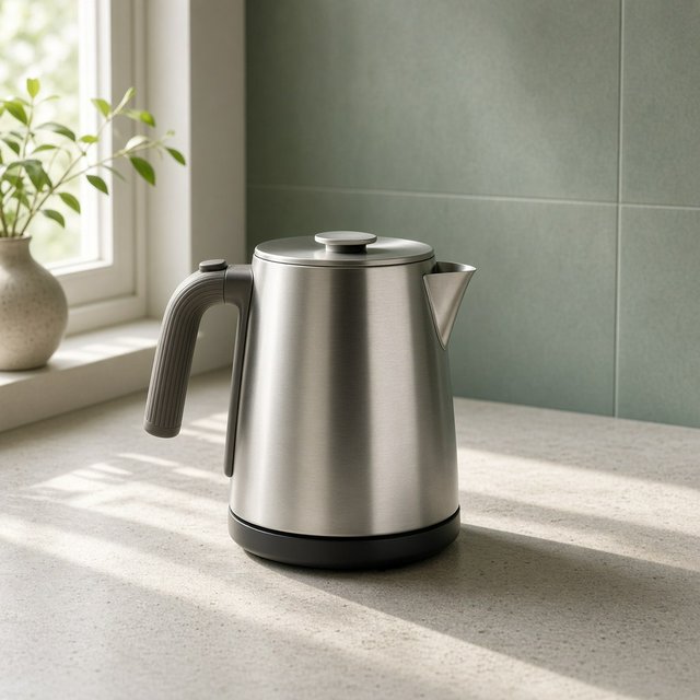 Morning daylight spills across a kitchen counter, revealing an unbranded electric kettle in satin stainless steel with a ribbed heat-resistant polymer handle. It sits on honed limestone against a muted sage backsplash, with window light and white bounce fill; commercial product image, no lettering. — Grok Imagine Image 2
