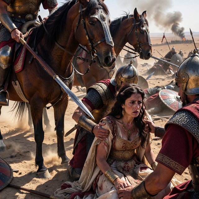 Film capture. Cinematic scene of the Byzantine empress being captured by Sassanid cataphracts. Harsh desert lighting. Shallow depth of field. The image takes place in the aftermath of a battle. All of the subjects are dusty and disheveled. — ImagineArt 1.5 Pro