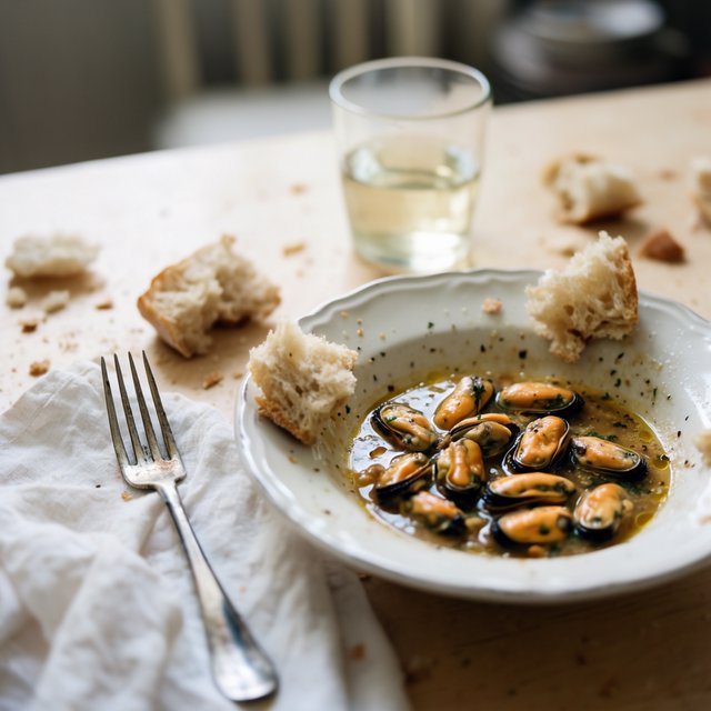 Beside a rumpled linen napkin, an in-progress supper shows a shallow bowl of mussels, torn bread, and a half-full glass on a wooden table. A natural-light dining snapshot, shot at 50mm with shallow depth of field, catches crumbs and glossy broth. — Krea 2 Large