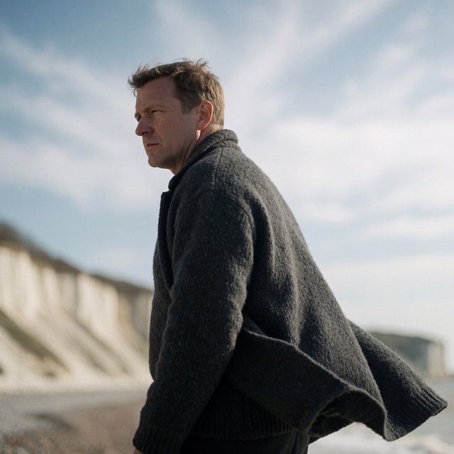 Wind lifts the hem of a charcoal wool coat as an adult man in his late 40s keeps a pensive gaze. The portrait frames him against a windswept coastal bluff beneath cool, cloud-filtered daylight. — Krea 2 Medium