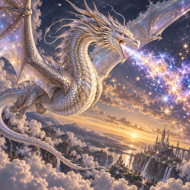 A beautiful, ethereal dragon flying through the skies breathing star flames. Detailed scales. — GPT Image 2.5 Sunburst