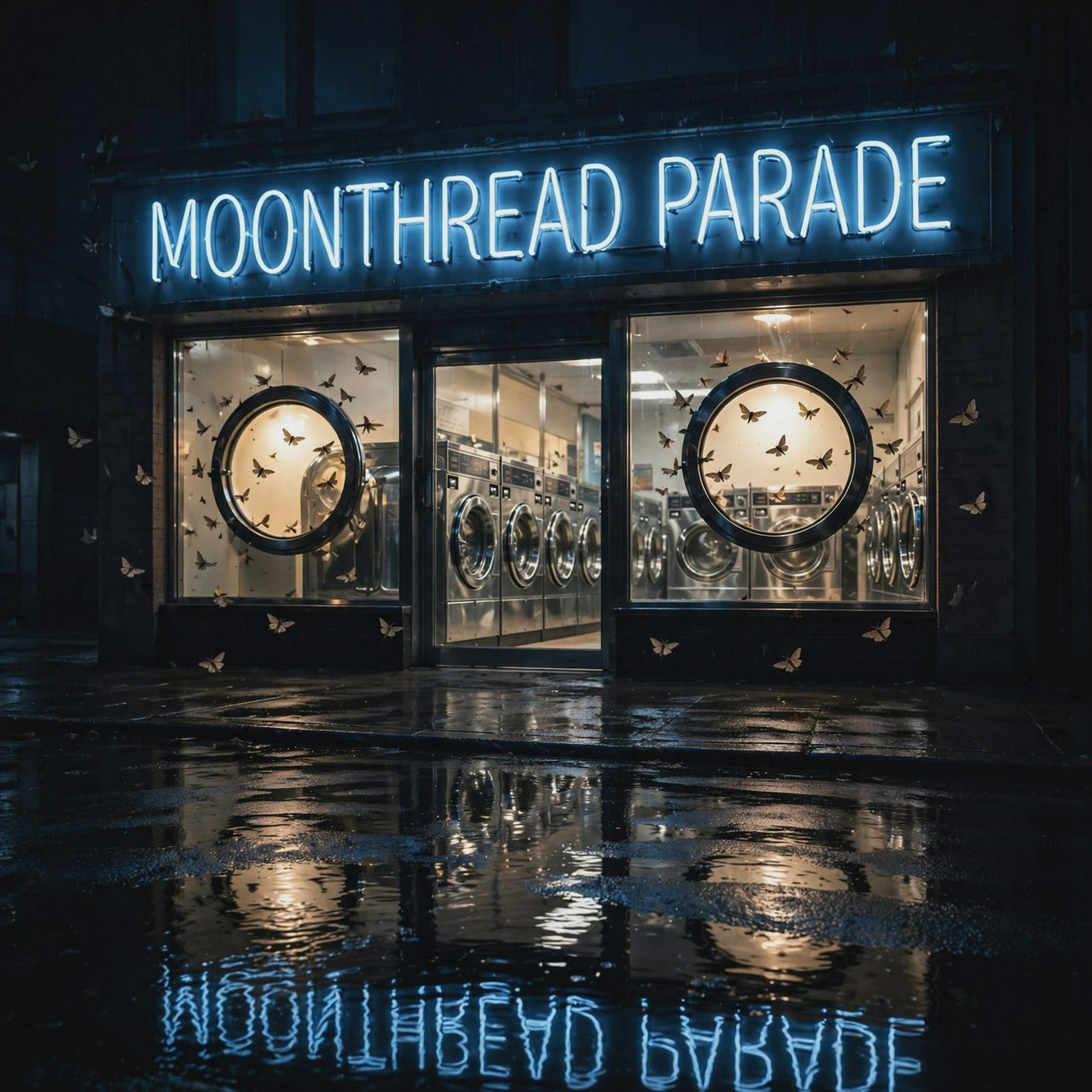 At midnight, moths circle the laundromat’s glowing round windows while chrome washing machines gleam inside; “MOONTHREAD PARADE” shines in icy blue neon above the entrance, reflected across the wet pavement, with no other lettering visible. — Muse Image 1.0