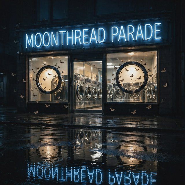 At midnight, moths circle the laundromat’s glowing round windows while chrome washing machines gleam inside; “MOONTHREAD PARADE” shines in icy blue neon above the entrance, reflected across the wet pavement, with no other lettering visible. — Muse Image 1.0