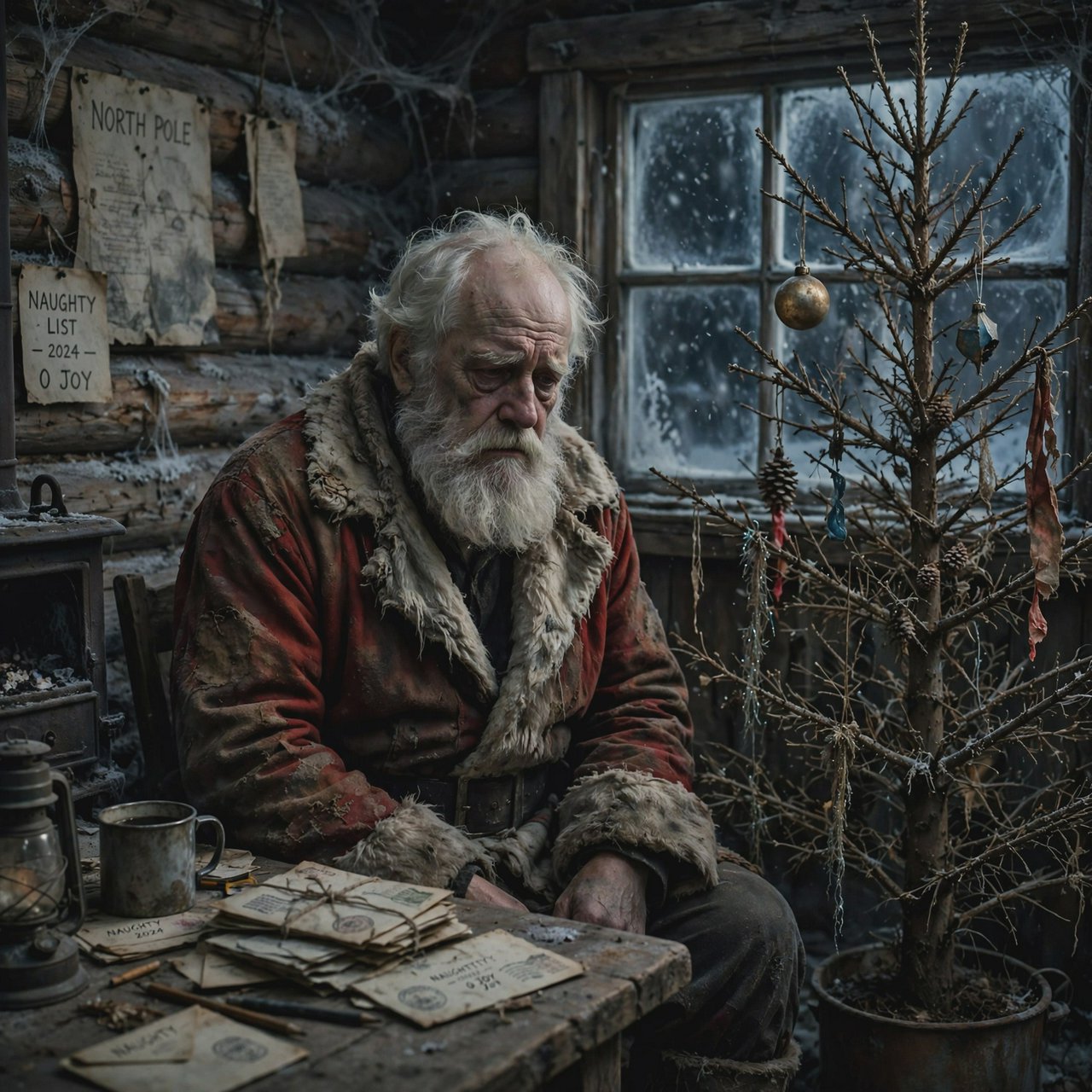 A melancholic, somewhat disheveled Santa Claus in a worn, dirty coat. He sits in his cabin at the North Pole next to a desolate, needleless Christmas tree, its decorations hanging only sporadically. The aura radiates a quiet despair. — Muse Image 1.0