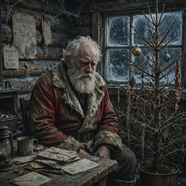 A melancholic, somewhat disheveled Santa Claus in a worn, dirty coat. He sits in his cabin at the North Pole next to a desolate, needleless Christmas tree, its decorations hanging only sporadically. The aura radiates a quiet despair. — Muse Image 1.0