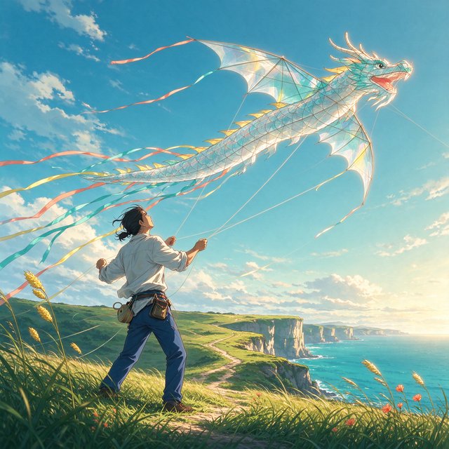 Cel-shaded anime illustration of an adult kite maker testing a vast translucent dragon-shaped kite on a windy coastal bluff, ribbons streaming above wild grasses and distant cliffs. Palette of coral, turquoise, butter yellow, and deep blue, with clean contours and a luminous sky. — Seedream 5.0 Flash