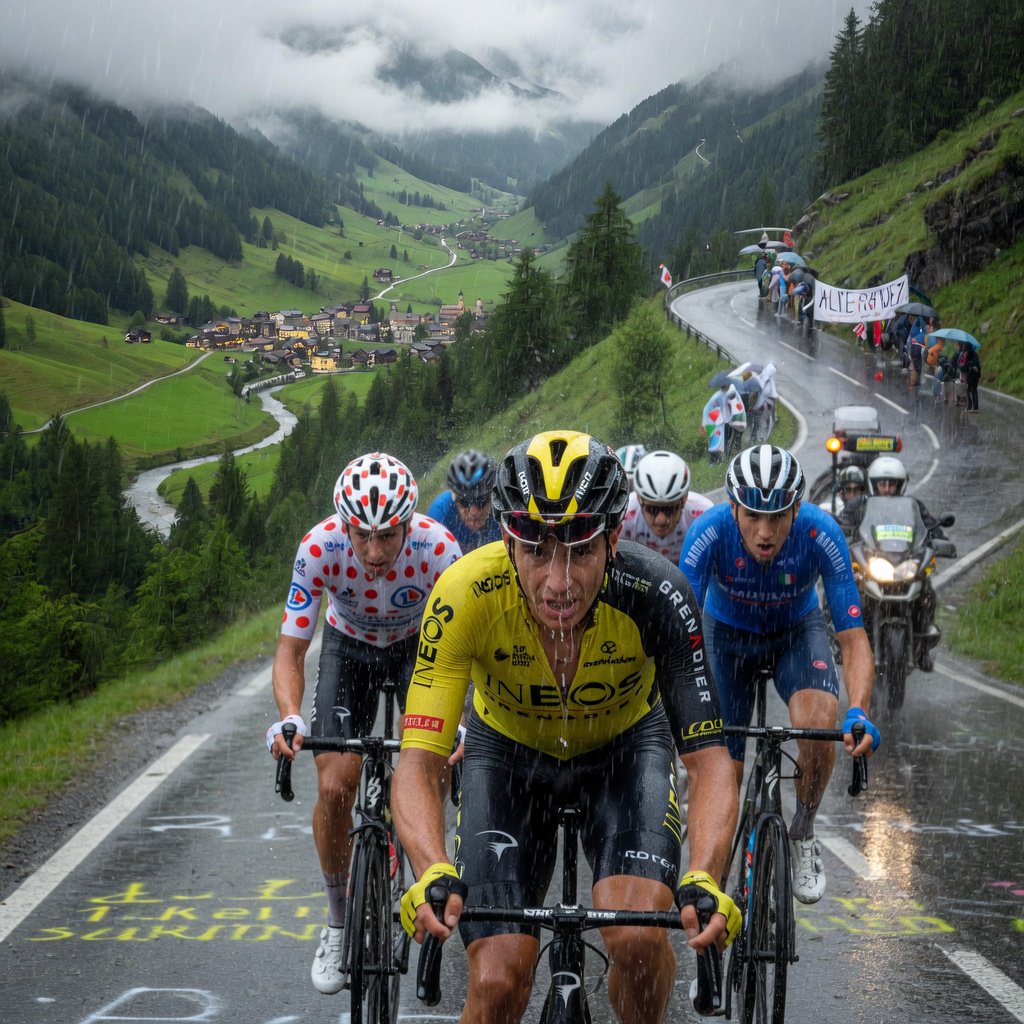 A frontal, close-up shot of a field of competitive cyclists ascending a mountain in the rain. In the background, we see a lush green valley with a small town. — Grok Imagine Image Quality