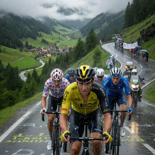 A frontal, close-up shot of a field of competitive cyclists ascending a mountain in the rain. In the background, we see a lush green valley with a small town. — Grok Imagine Image Quality