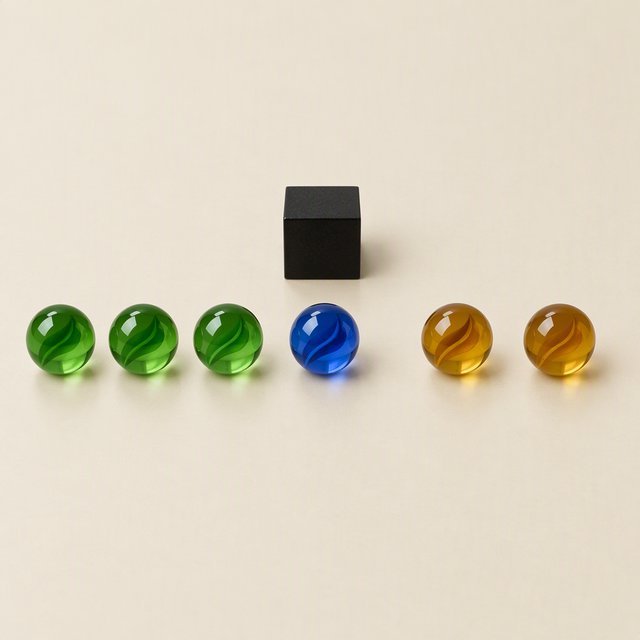 Exactly six glass marbles sit on a cream tabletop: three green marbles in a row on the left, two amber marbles in a row on the right, and one blue marble centered between the rows. A black cube sits above the blue marble, nothing else. — GPT Image 2.5 Flare
