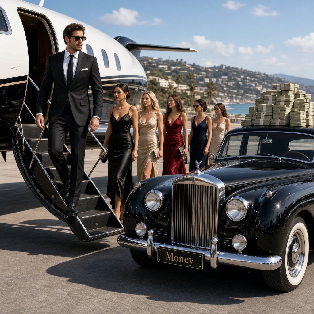 A man dressed in very nice formal clothes is getting off a private black-and-white plane. Many beautiful adult women in dresses are following the man. The man is heading toward a very high-end classic black car. The word "Money" is on the car's license plate. On top of the car is a ton of money. It is the afternoon. The vibe is cool and rich. — Grok Imagine Image 2