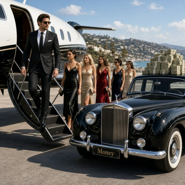 A man dressed in very nice formal clothes is getting off a private black-and-white plane. Many beautiful adult women in dresses are following the man. The man is heading toward a very high-end classic black car. The word "Money" is on the car's license plate. On top of the car is a ton of money. It is the afternoon. The vibe is cool and rich. — Grok Imagine Image 2