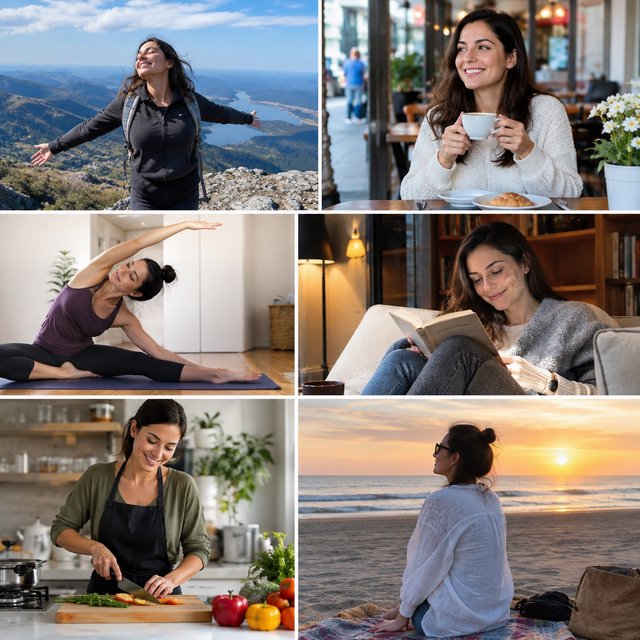 A realistic multi-panel composition with 4–7 panels, each depicting an adult enjoying a wonderful day in a distinct everyday setting. — GPT Image 2.5 Flare