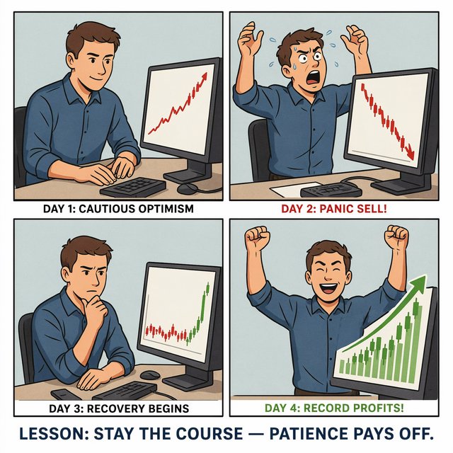 An image depicting the highs and lows of trading, in at least four panels. It ends with a very green day, record profits, and a lesson. — Model 8