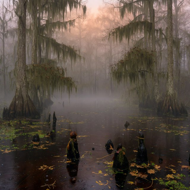 A cypress swamp at foggy sunrise after overnight drizzle, dark tea-colored water threading between moss-draped trunks; slick root knees and floating leaves lead toward pale trees disappearing into layered mist. — Grok Imagine Image Quality