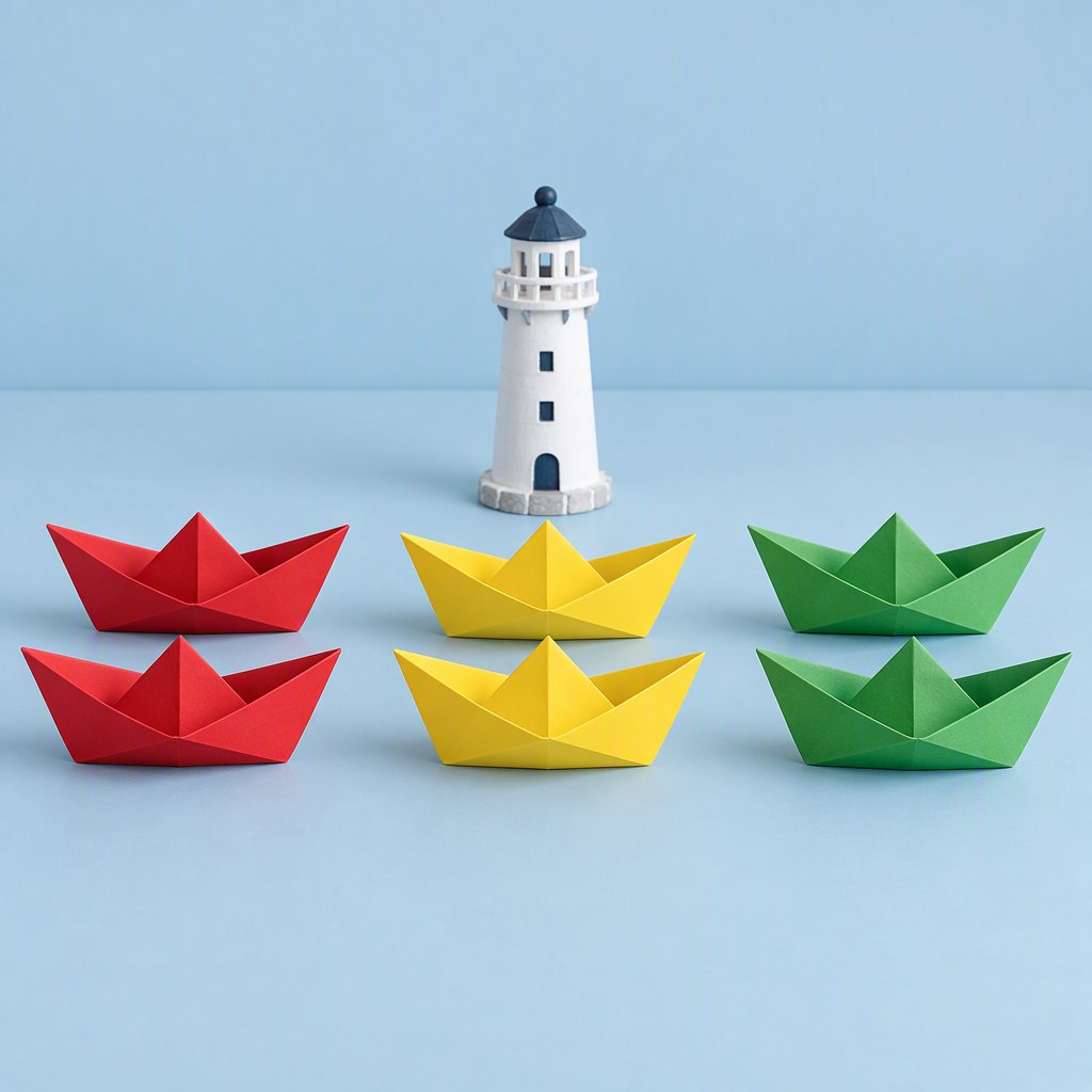 Exactly six folded paper boats sit on a pale blue tabletop: two red boats on the left, two yellow boats in the center, and two green boats on the right. A small white lighthouse figurine stands behind the center pair, nothing else. — GPT Image 2.5 Sunburst
