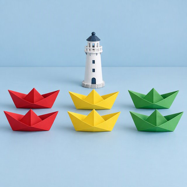 Exactly six folded paper boats sit on a pale blue tabletop: two red boats on the left, two yellow boats in the center, and two green boats on the right. A small white lighthouse figurine stands behind the center pair, nothing else. — GPT Image 2.5 Sunburst