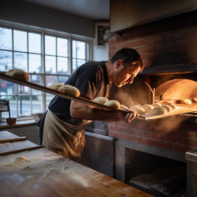 Candid documentary photograph of an adult baker sliding a tray of bread into a neighborhood bakery oven, warm oven glow mixing with gray dawn window light, 35mm lens with moderate depth of field, flour dust suspended above the workbench. — ImagineArt 2