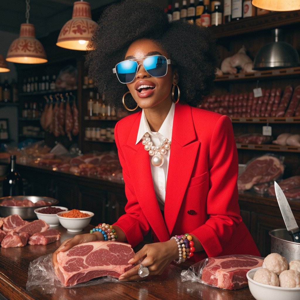 Happy glamorous woman examining meat in a butcher shop. — Recraft v4