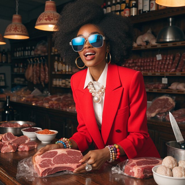 Happy glamorous woman examining meat in a butcher shop. — Recraft v4