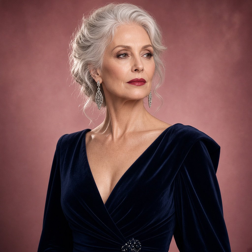 A silver-haired adult woman in a midnight-blue evening gown pauses with lipstick freshly applied, her composed gaze turned slightly aside; diffused rose studio light defines her face and shoulders, with restrained makeup and the polished finish of a fashion magazine. — Grok Imagine Image 2