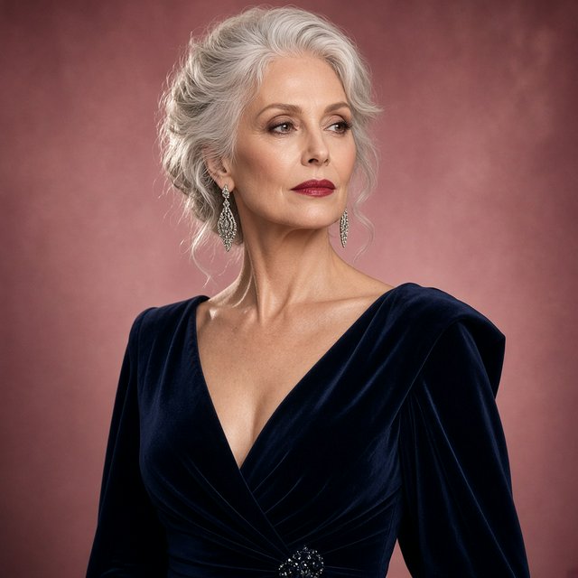 A silver-haired adult woman in a midnight-blue evening gown pauses with lipstick freshly applied, her composed gaze turned slightly aside; diffused rose studio light defines her face and shoulders, with restrained makeup and the polished finish of a fashion magazine. — Model 5