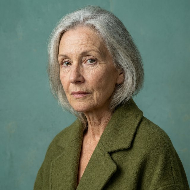 Beside a faded teal studio wall, a close-up fashion portrait frames an adult woman aged 68–76, her weathered skin softly detailed; she wears a moss-green wool coat and holds a calm, searching gaze in gentle side light. — Model 18