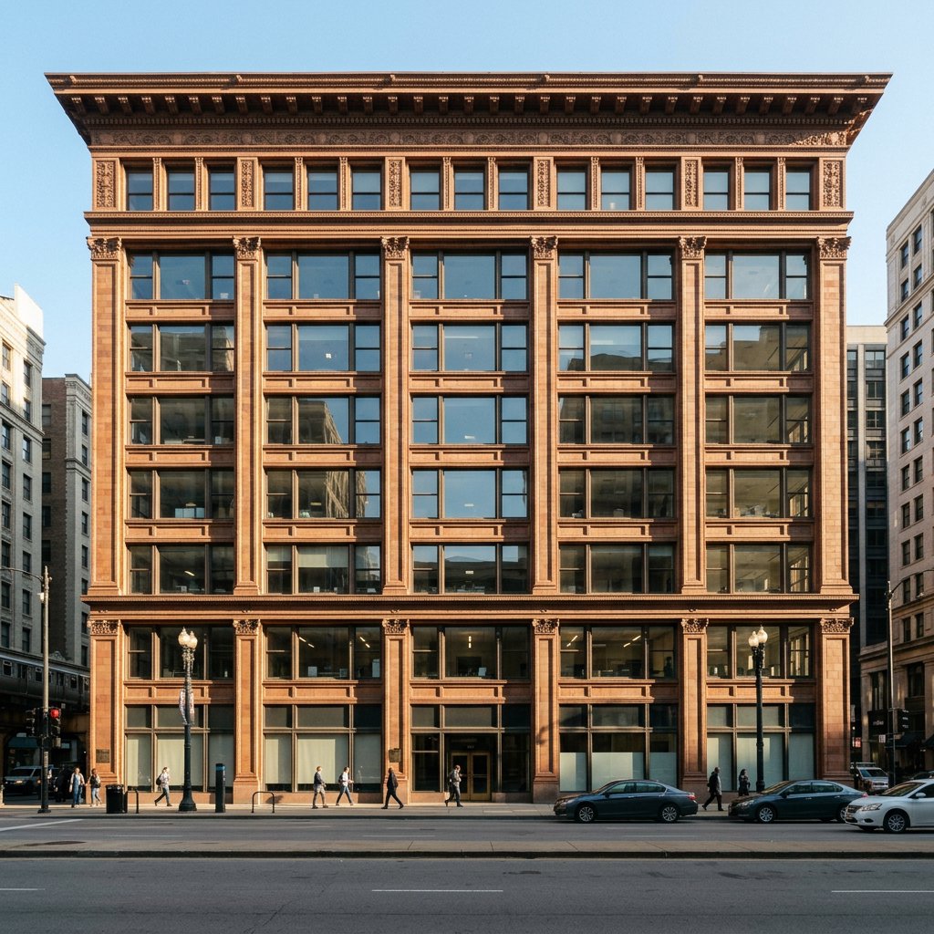 Exterior of a Chicago School office tower, with a visible steel-frame grid, warm terra-cotta cladding, broad rectangular windows, and a flat roofline; clear afternoon light, viewed from across a city street, with precise verticals and believable construction. — Nano Banana 2.1