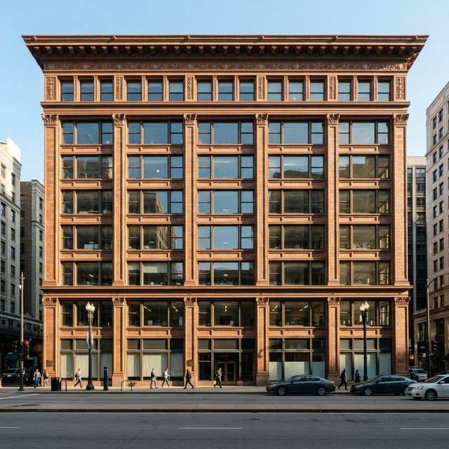Exterior of a Chicago School office tower, with a visible steel-frame grid, warm terra-cotta cladding, broad rectangular windows, and a flat roofline; clear afternoon light, viewed from across a city street, with precise verticals and believable construction. — Nano Banana 2.1