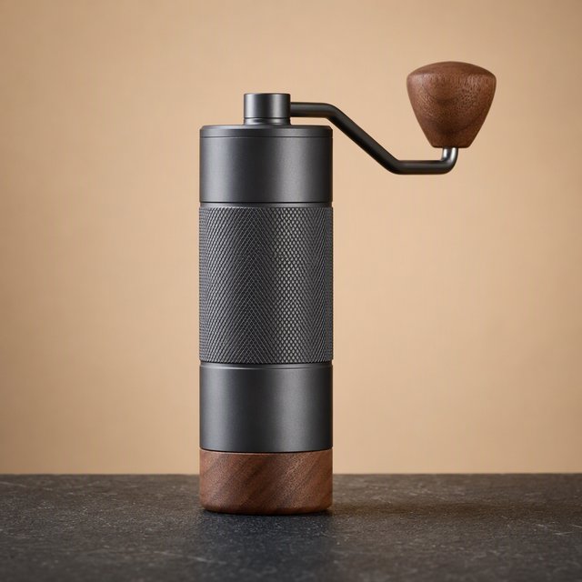 Commercial product photograph of an unbranded portable espresso grinder crafted from anodized aluminum with walnut accents, resting on a black stone surface against a warm beige background, illuminated by broad diffused studio light and a subtle edge highlight. — GPT Image 2