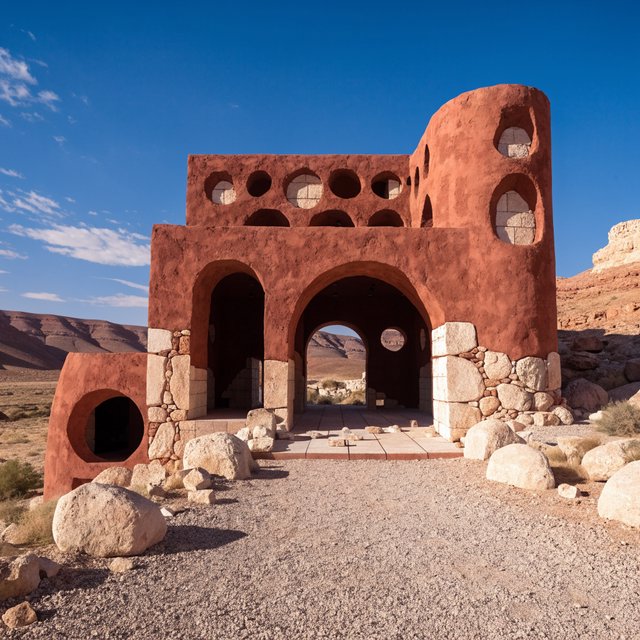 A contemporary desert visitor pavilion built from rust-colored rammed earth and pale limestone sits beside a dry wadi; deep shaded openings frame the courtyard. Hard midday sun, viewed from the gravel approach, crisp geometry and believable construction. — Recraft v4