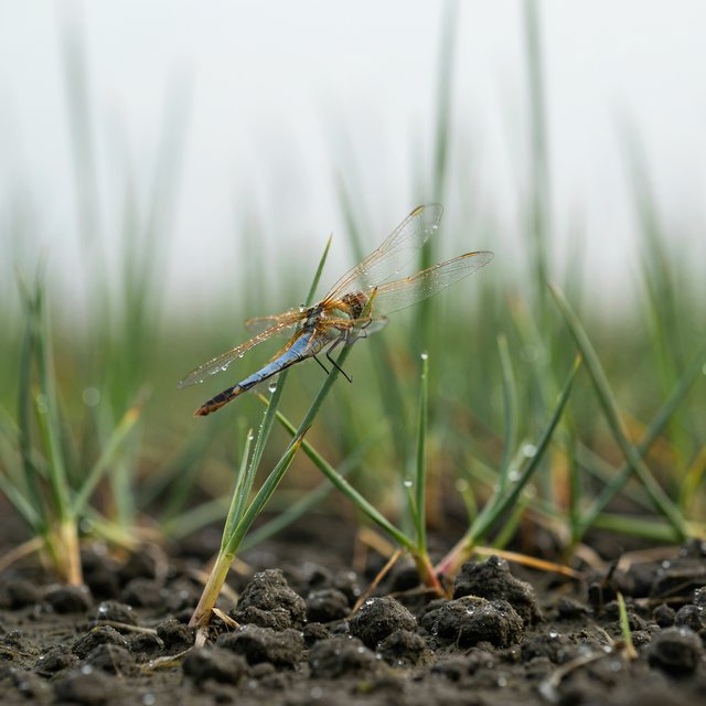 On a peaty marsh edge, a dragonfly rests among sedges after a light morning shower; dew beads on its veined wings and granular mud, while reed stems soften into pale fog behind it. — Ideogram v4.5