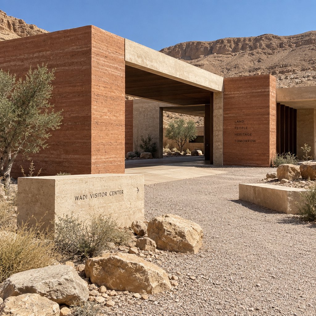 A contemporary desert visitor pavilion built from rust-colored rammed earth and pale limestone sits beside a dry wadi; deep shaded openings frame the courtyard. Hard midday sun, viewed from the gravel approach, crisp geometry and believable construction. — GPT Image 2.5 Sunburst