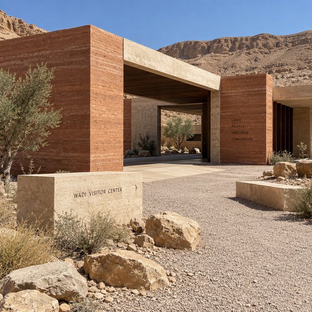 A contemporary desert visitor pavilion built from rust-colored rammed earth and pale limestone sits beside a dry wadi; deep shaded openings frame the courtyard. Hard midday sun, viewed from the gravel approach, crisp geometry and believable construction. — GPT Image 2.5 Sunburst