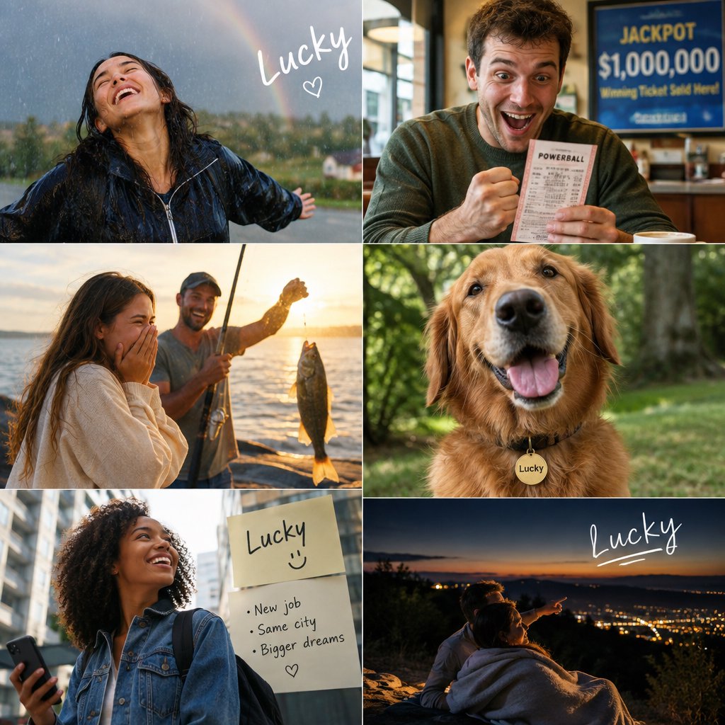 4–6 realistic scenes of people having the luckiest day of their lives. The word “Lucky” should appear at least twice in the image, and seem totally in place and seamless. The whole vibe is pretty much lucky moments that were unexpected but very welcome. — GPT Image 2.5 Flare
