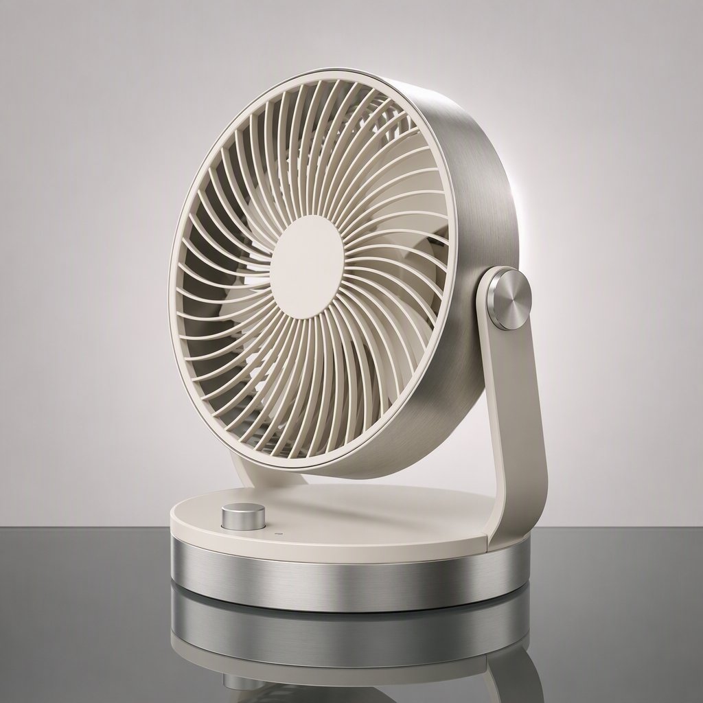 Commercial product photograph of an unbranded desktop fan made from brushed aluminum and matte ivory polymer, resting on a smoked glass surface against a pale gray background, illuminated by broad diffused studio light and a soft rear rim light. — GPT Image 2